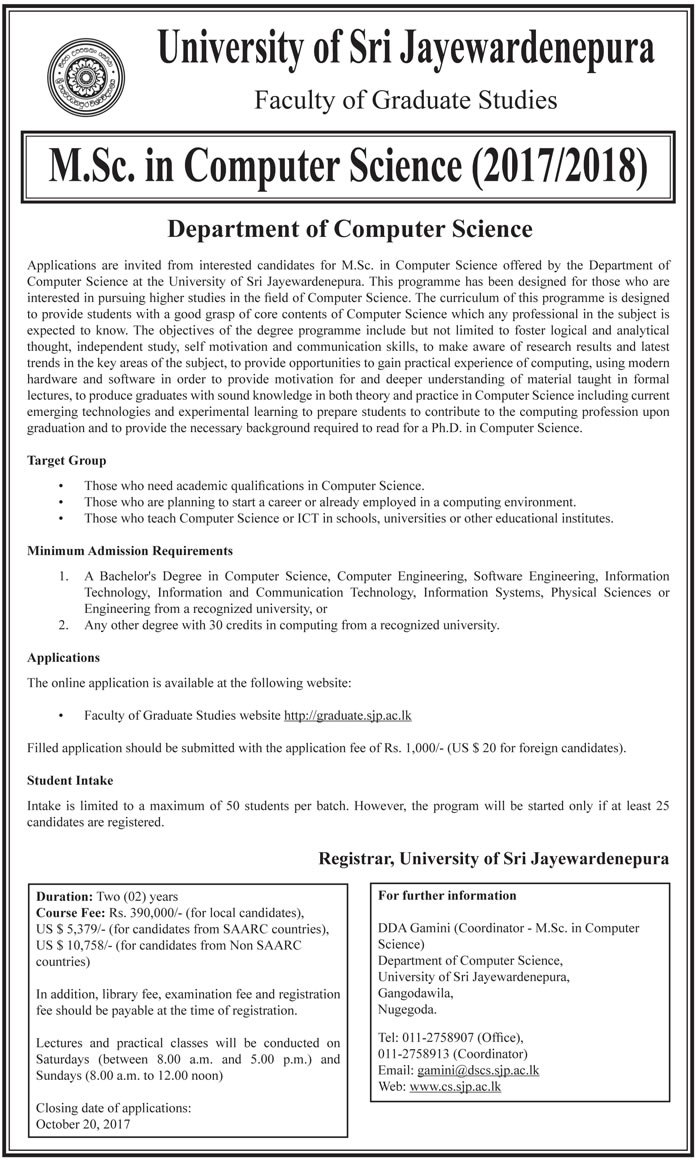 M.Sc. in Computer Science (2017/2018) - Department of Computer Science - University of Sri Jayewardenepura